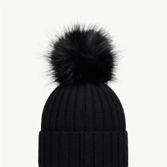 Moncler Black Ribbed Knit Beanie with Fur Pom and Logo Patch - Picture 2 of 3